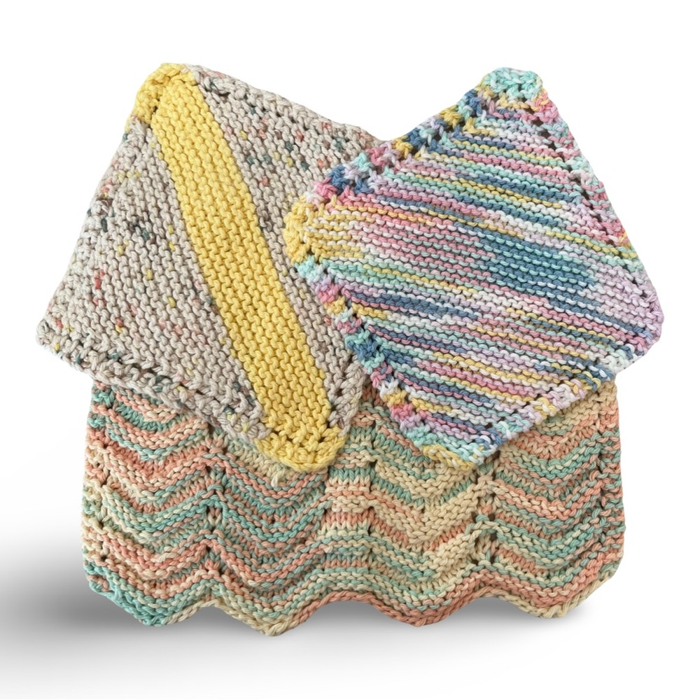 Hand Knit Cotton Washcloths (3) Plus Bonus Potholder Handmade Kitchen Decor